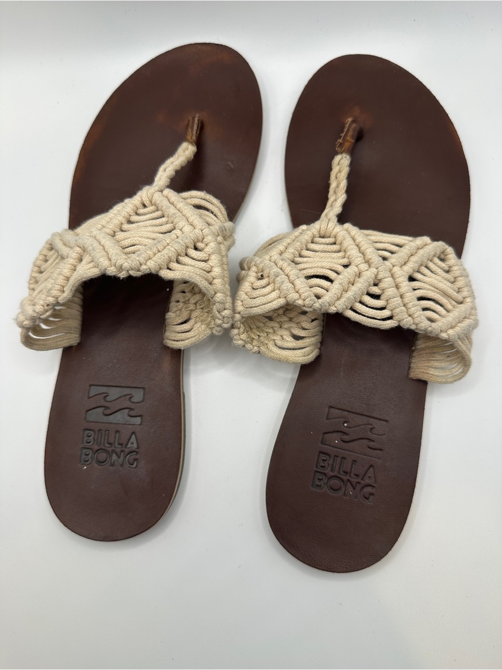 Billabong Women's Brown Leather Slide Sandals with Cream Macramé Strap